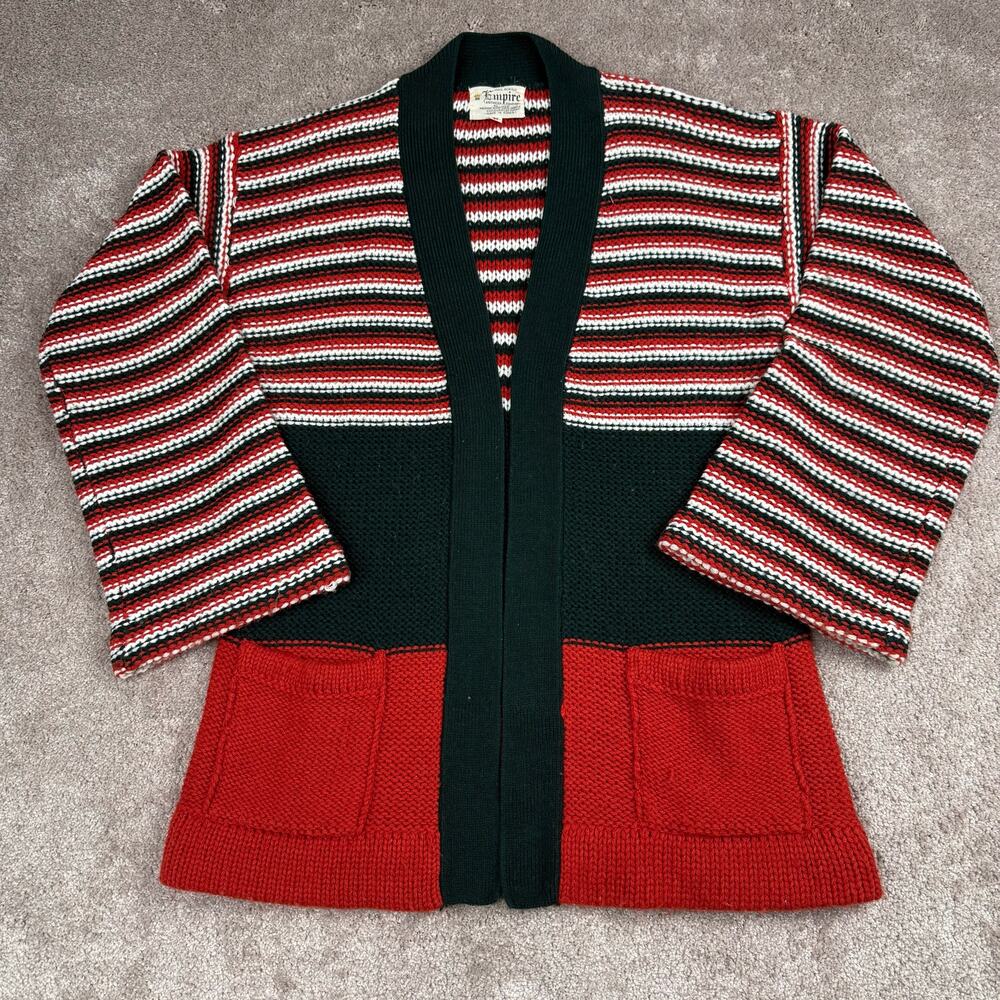 Vtg Striped Color Block Open Front Cardigan Knit Sweater Pockets Size M 70s